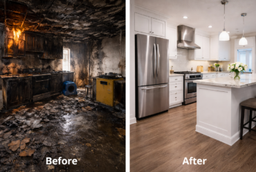 Fire restoration before-and-after comparison showing a burned, soot-damaged kitchen transformed into a clean, fully rebuilt modern kitchen.