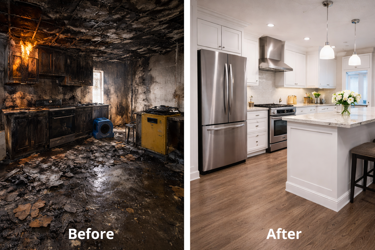 Fire restoration before-and-after comparison showing a burned, soot-damaged kitchen transformed into a clean, fully rebuilt modern kitchen.