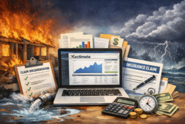 Illustration of fire, water, and storm damage surrounding a laptop displaying Xactimate, with claim documentation, an insurance form, calculator, stopwatch, and cash—symbolizing restoration pricing and insurance billing.