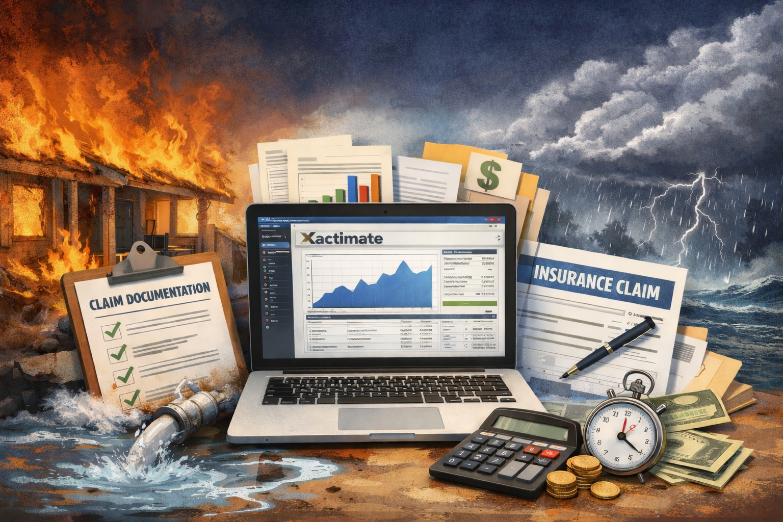 Illustration of fire, water, and storm damage surrounding a laptop displaying Xactimate, with claim documentation, an insurance form, calculator, stopwatch, and cash—symbolizing restoration pricing and insurance billing.